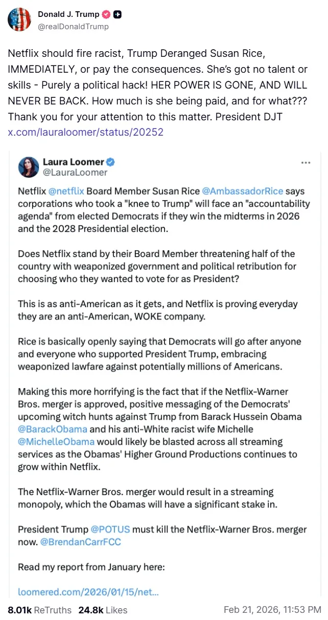Trump Susan Rice Trump exige que Netflix licencie Susan Rice « immédiatement » et menace ...